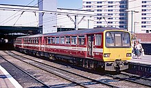 BR Class 144 3 car unit in West Yorkshire PTE livery at Leeds in 1996 BR 144022 at Leeds.jpg