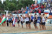 Deutsch: Beachhandball Europameisterschaften 2019 (Beach handball Euro); Tag 6: 7. Juli 2019 – Spiel um Platz Drei, Männer, Ungarn-Russland 2:0 (26:20, 23:22) English: Beach handball Euro; Day 6: 7 July 2019 – Men's Bronze Medal Match – Hungary-Russia 2:0 (26:20, 23:22)