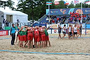 Deutsch: Beachhandball Europameisterschaften 2019 (Beach handball Euro); Tag 6: 7. Juli 2019 – Spiel um Platz Drei, Männer, Ungarn-Russland 2:0 (26:20, 23:22) English: Beach handball Euro; Day 6: 7 July 2019 – Men's Bronze Medal Match – Hungary-Russia 2:0 (26:20, 23:22)