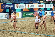 Deutsch: Beachhandball Europameisterschaften 2019 (Beach handball Euro); Tag 5: 6. Juli 2019 – Frauen, Platzierungsspiel für die Ränge 17–20, Nordmazedonien-Slowenien 0:2 (10:13, 9:15) English: Beach handball Euro; Day 5: 6 July 2019 – Placement Match/Cross Match for rank 17–20 Women – North Macedonia-Slovenia 0:2 (10:13, 9:15)