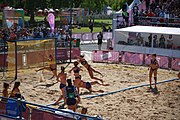 Deutsch: Beachhandball bei den Olympischen Jugendspielen 2018; Tag 3, 10. Oktober 2018; Mädchen, Vorrunde, Gruppe B - Niederlande-Argentinien 2:0 English: Beach handball at the 2018 Summer Youth Olympics at 10 October 2018 – Girls Preliminary Round Group B‎ – Netherlands-Argentina 2:0