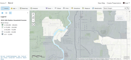 A median household income map of Bend