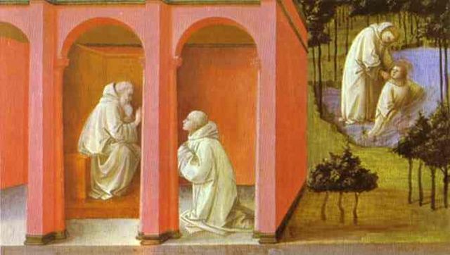 Saint Benedict orders Saint Maurus to the rescue of Saint Placidus, by Fra Filippo Lippi, AD 1445