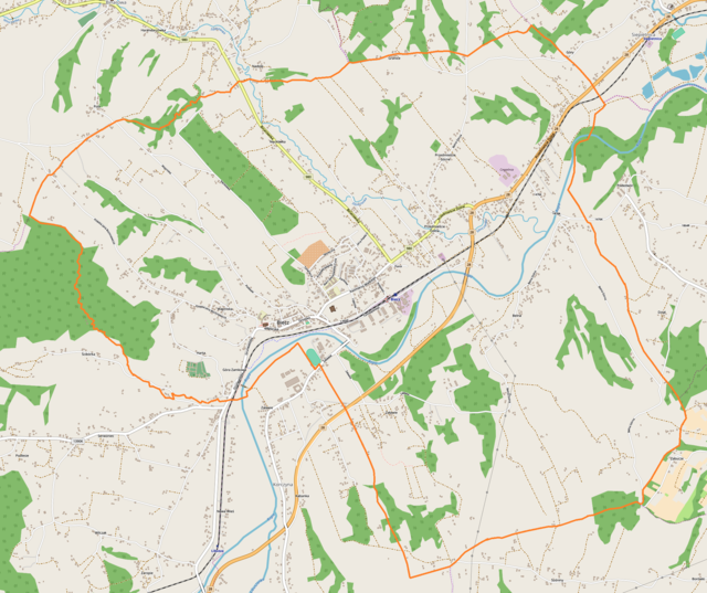 Mapa konturowa Biecza, w centrum znajduje się punkt z opisem „Kolegiata Bożego Ciała w Bieczu”