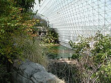 Biosphere 2, viewed from the thornscrub, a transition zone between Savannah and Desert (foreground) and Ocean (background) sections Biosphere2 Inside big.jpg