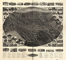 Panoramic map of Winsted with building images inset and sights listed (1908) Bird's eye view of Winsted, Connecticut 1908. LOC 75693170.jpg
