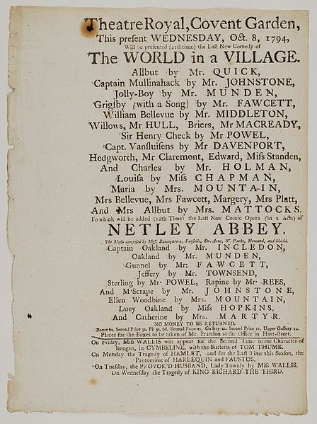 File:Bodleian Libraries, Playbill of Covent Garden, Wednesday, Oct. 8, 1794, announcing The world in a village &c..jpg