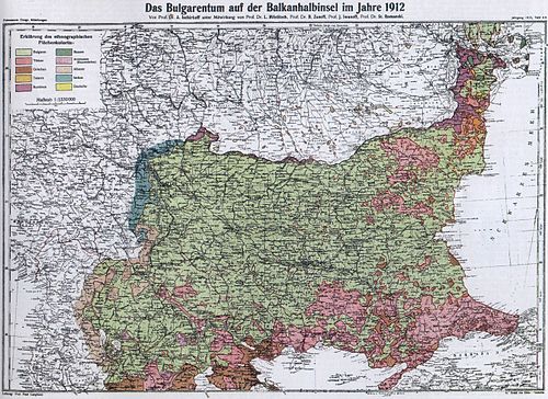 Areas where Bulgarians were the majority of the population (in light green) according to Anastas Ishirkov (1912).