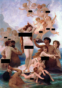 [2] das Gemälde Die Geburt der Venus von William Adolphe Bouguereau nach Zensur mit schwarzen Balken über dargestellten Geschlechtsorganen