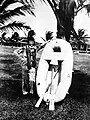 COP Verne Harshman, USN, with rubber boat in which he remained adrift for five days, 1931 (40691296200).jpg