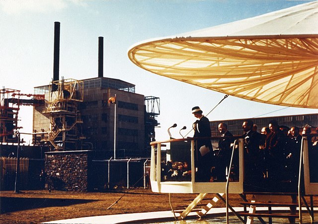 Queen Elizabeth II officially opening Calder Hall nuclear power station on 17 October 1956