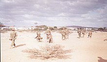 Canadian soldiers during Operation Deliverance. While most of the objectives were achieved, the Somalia Affair was a controversial scandal for the Army, after two soldiers beat a Somali teenager to death. Canadian Military in Somalia 1992.jpg