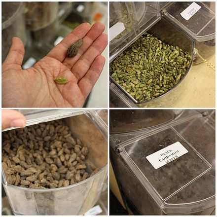 Labeled varieties of cardamom in storage containers