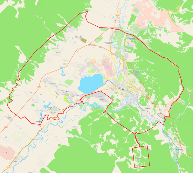 Mapa konturowa Czyty, blisko centrum na lewo znajduje się punkt z opisem „HTA”