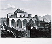 Γενική άποψη της εκκλησίας της Μεταμόρφωσης του Σωτήρα (το κτίριο ήταν αρχικά οθωμανικό τέμενος), σε σχέδιο, του 1831, του Γάλλου αρχιτέκτονα Guillaume-Abel Blouet (1795–1853), από το έργο "Expédition scientifique de Morée, Ordonnée par le Gouvernement français: Architecture, I-VI", Paris, Firmin Didot, 1831-1838.[42]