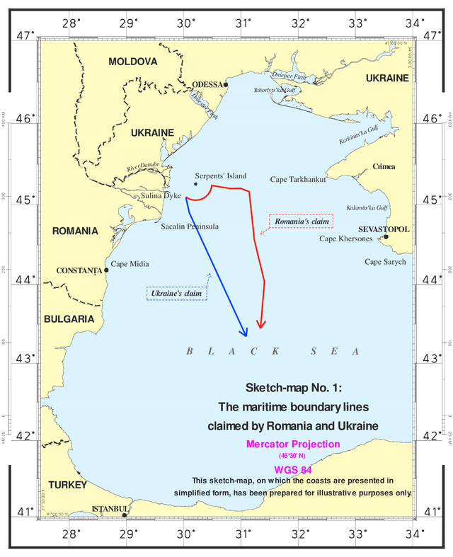 Map of the Black Sea and surrounding area, with red and blue boundary lines