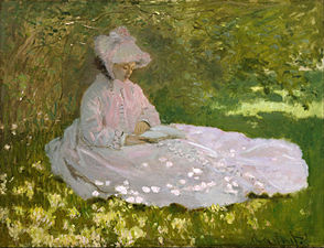 The Impressionist painter Claude Monet used pink, blue and green to capture the effects of light and shadows on a white dress in Springtime (1872).