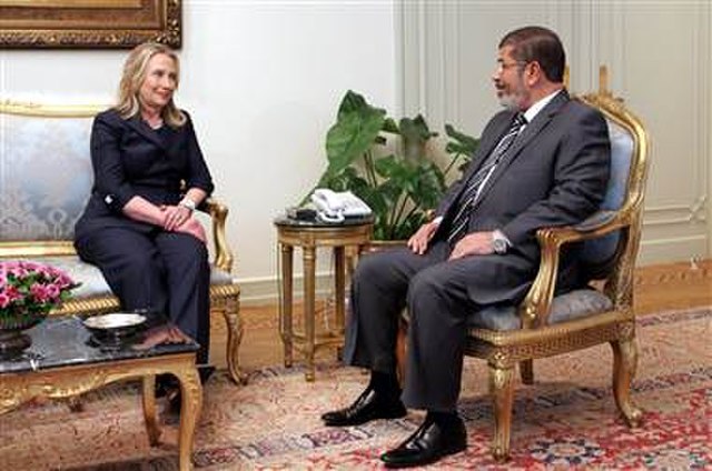 Mohamed Morsi meets with U.S. Secretary of State Hillary Clinton in Cairo, Egypt, July 2012