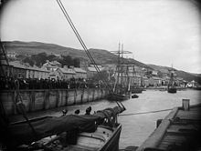 Crowds on the shore watching the regatta, circa 1885