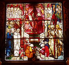 "David's Charge to Solomon", a stained-glass window installed in 1882 by Edward Burne-Jones and William Morris in Trinity Church David's Charge to Solomon, by Burne-Jones and Morris, Trinity Church, Boston, Massachusetts.JPG