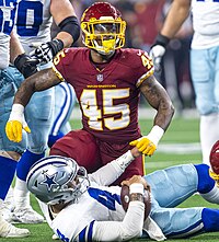 Harris playing against the Dallas Cowboys in 2021. De'Jon Harris sacks Dak Prescott DEC2021 (cropped).jpg