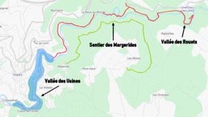 A map highlighting the locations of tourist sites along the Durolle River, including the Vallée des Usines, the Margeride Trail, and the Vallée des Rouets.