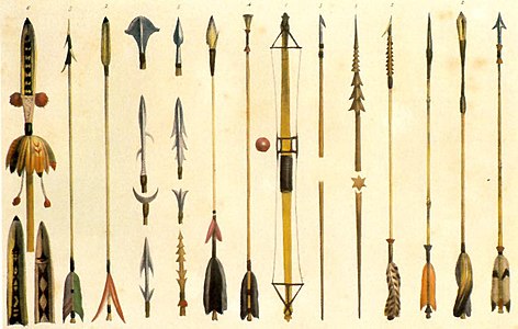 Flechas y otras armas con punta metálica moderna, aquarela de Jean-Baptiste Debret, 1834