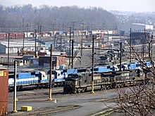 Central terminal and service area at Enola Yard in 2012. A trio of GE D9-40CWs and a line of Oakway EMD SD60s can be seen near the bottom of the image. Enola Yard 2012a.jpg