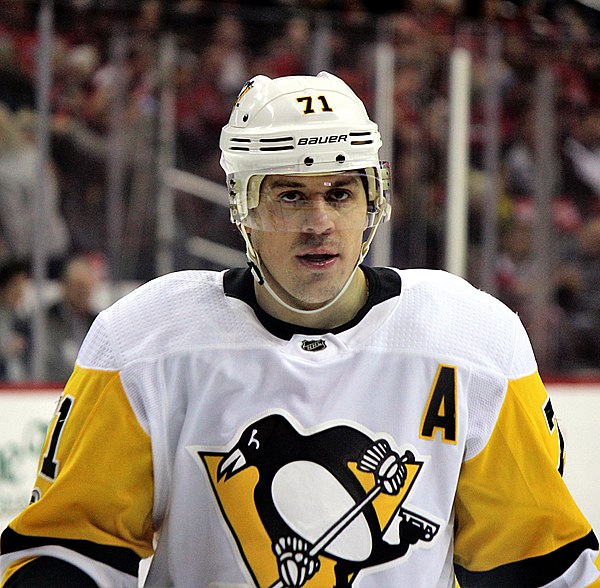 Evgeni Malkin in 2017: the "A" is commonly on the left side of the jersey (from wearer's perspective)