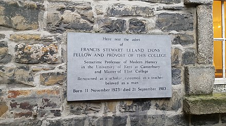 Plaque marking Lyons' burial site at Trinity College Dublin
