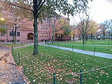 Harvard Yard showing Autumn leaf color Fall leaves on the green lawn, at Harvard University,. November, 2019. pic.2 Cambridge, Massachusetts.jpg