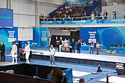 Deutsch: Fechten bei den Olympischen Jugend-Sommerspielen 2018: Tag 1, 7. Oktober 2018, Jungen, Säbel, Runde der letzten 16 - Krisztián Rabb (HUN) - Andrei Păștin (ROU) 8:9 English: Fencing at the 2018 Summer Youth Olympics at 7 October 2018 – Boys' sabre Round of 16 – Krisztián Rabb (HUN) Vs Andrei Păștin (ROU) 8:9