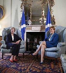 May's first visit since becoming prime minister with First Minister of Scotland, Nicola Sturgeon, at Bute House, Edinburgh First Minister meets the Prime Minister at Bute House (cropped).jpg