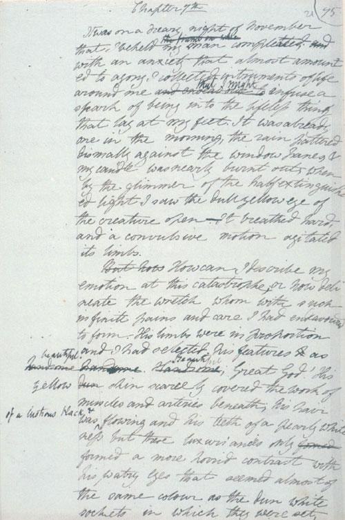 Mary Shelley's manuscript draft of Frankenstein begun at the Villa Diodati, with marginal notes by Percy Bysshe Shelley