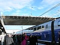Ambiance sur les quais devant la rame de TGV Euroduplex (2N2) numéro 4703 en gare de Belfort - Montbéliard TGV. Au loin, le bâtiment voyageurs