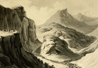 Robert Ker Porter's drawing of the Garni Gorge (published in 1821).[75] Ruins of the temple can be seen on the promontory on the left.[9]
