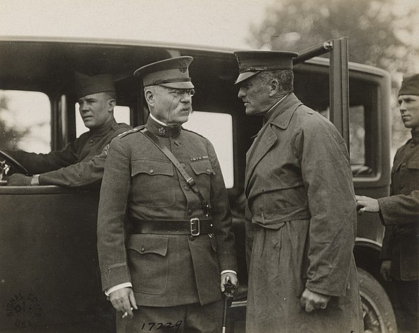 General Tasker H. Bliss, formerly the Chief of Staff of the United States Army, is greeted by Major Robert Bacon upon the latter's arrival in France, 
