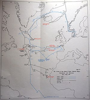 Map showing the movements of German ships as described in the article