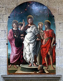 Resurrected Christ and Four Saints, by Girolamo da Cremona or Liberale da Verona Girolamo da cremona (attr.), redentore tra i ss. giovanni battista, evangelista, leonardo e pietro martire, 1472, 01.jpg