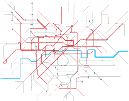 The London railway, underground, light rail and tram network, with those services every 10 minutes or less in red