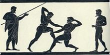 A scene of Ancient Greek pankratiasts fighting. Originally found on a Panathenaic amphora, Lamberg Collection. Greek Pankratists 2.jpg