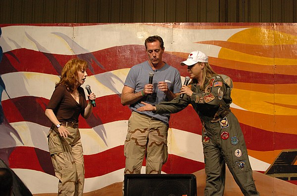 Griffin, Michael McDonald, and Karri Turner perform an improvisational skit for soldiers and airmen in Tikrit, Iraq in 2006.