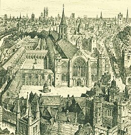 View of the Greyfriars looking east, as imagined by H.W. Brewer in 1895. H. W. Brewer, Newgate.jpg