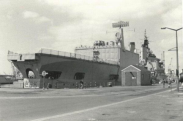 The decommissioned HMS Tiger at Portsmouth Navy Days in 1980, showing the helicopter deck and hangar