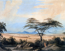 A peaceful pre-colonial southern African scene. Beneath a blue sky, a large kraal is seen from afar, with black figures dotted around it.