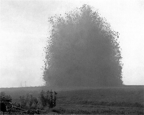 Explosion of the mine beneath Hawthorn Ridge Redoubt on the Western Front during World War I (July 1, 1916). Photo by Ernest Brooks