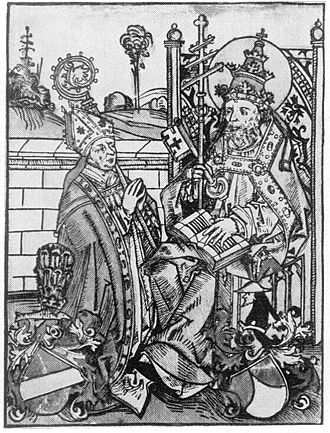 Woodcut of Henry IV of Asberg as a bishop, kneeling before Saint Peter (Michael Wolgemut, reproduced from Buchberger, 1200 Jahre Bistum Regensburg (1939:45). HeinrichAbsberg.JPG