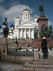 Statue of Alexander II in front of Helsinki Cathedral. HelsinkiSenateSquare.jpg