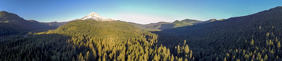An aerial panorama of Mount Hood and Lolo Pass from above Lost Creek