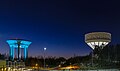 Illuminated Hiekkaharju water towers in Vantaa, Finland, 2021 March.jpg